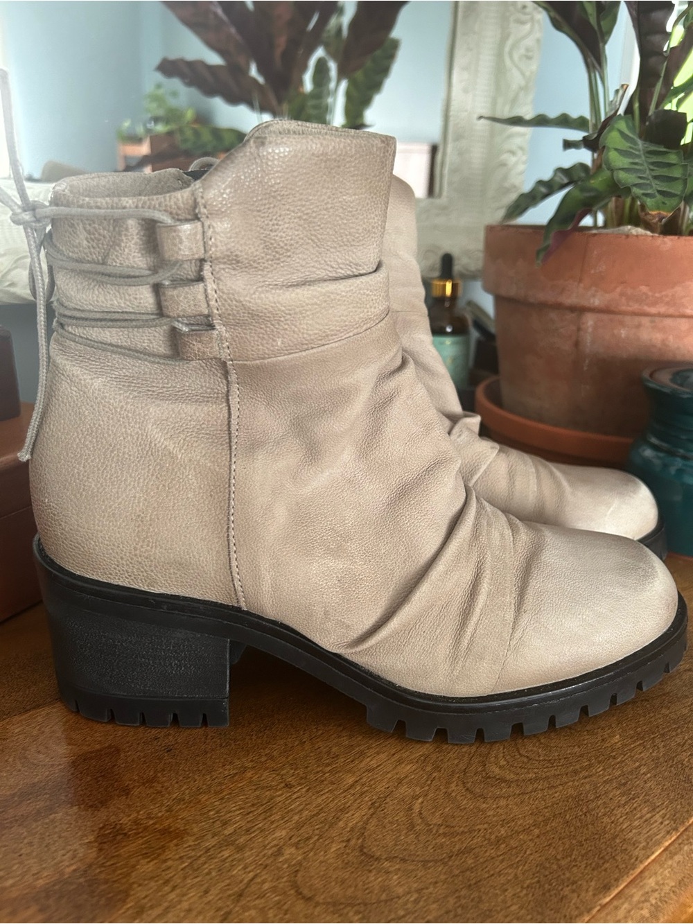 NWOT Miz Mooz Beige Taupe Leather Ankle Booties with Lug Sole